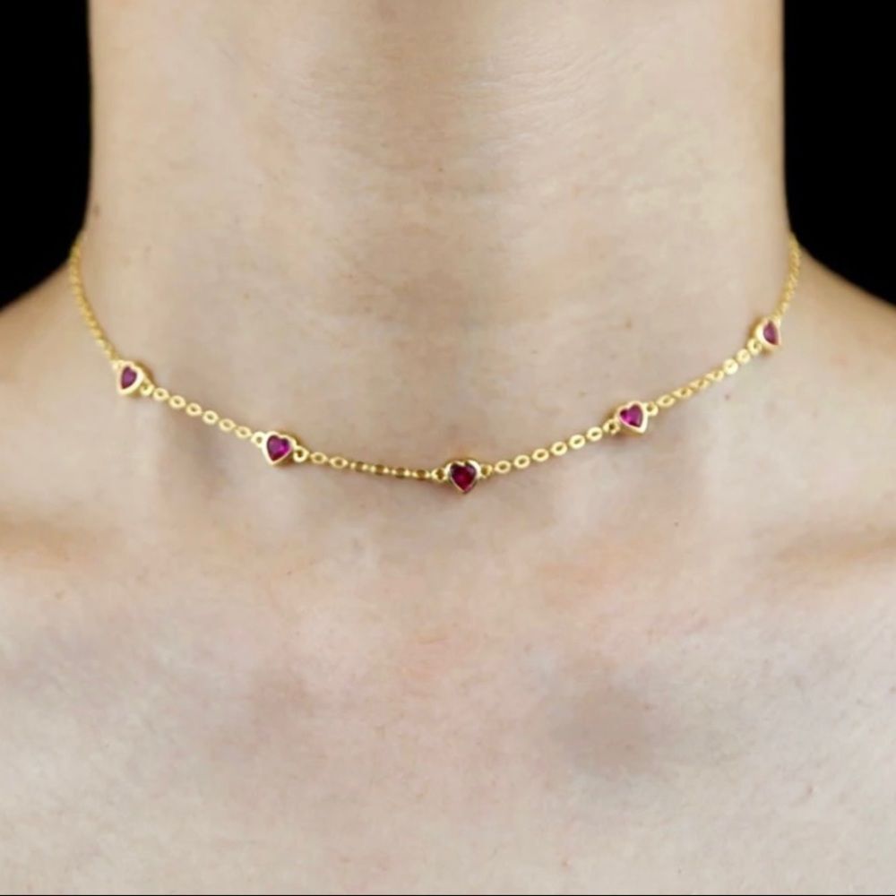 18K GOLD PLATED 925 STERLING SILVER RUBY COLORED CRYSTAL HEART STATION COLLAR